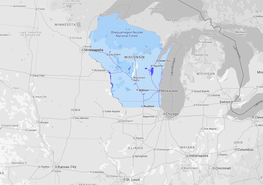 Service Map Area for Ultimate Living Spaces - All of Wisconsin and Northern Illinois. Window Treatment Installers